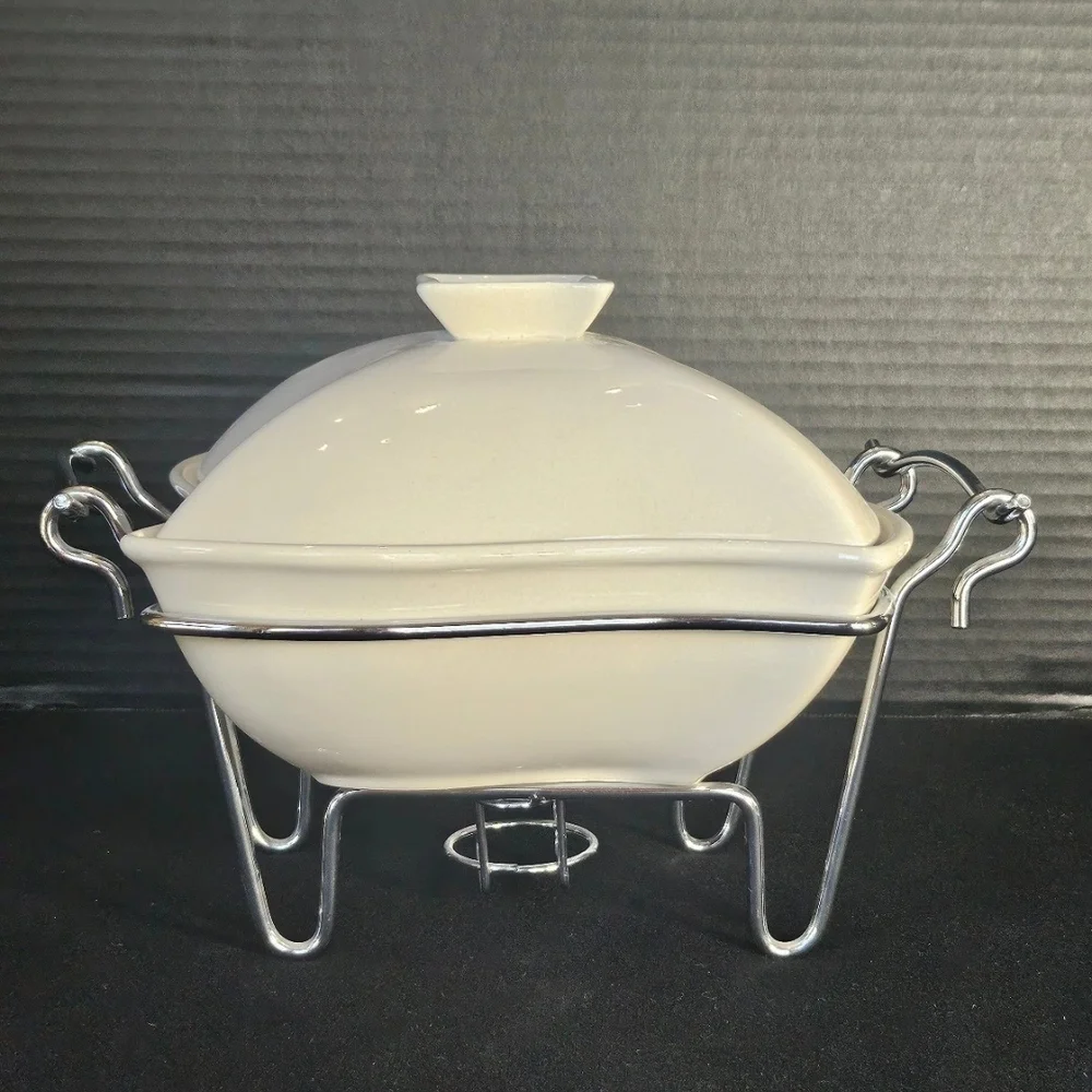 Sienna White Ceramic Lidded Casserole Dish, Chrome Warmer Stand